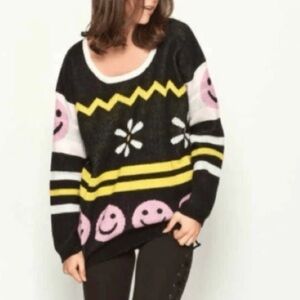 MINKPINK Black Knit Sweater with Pink Smiley & Yellow Chevron. Size S